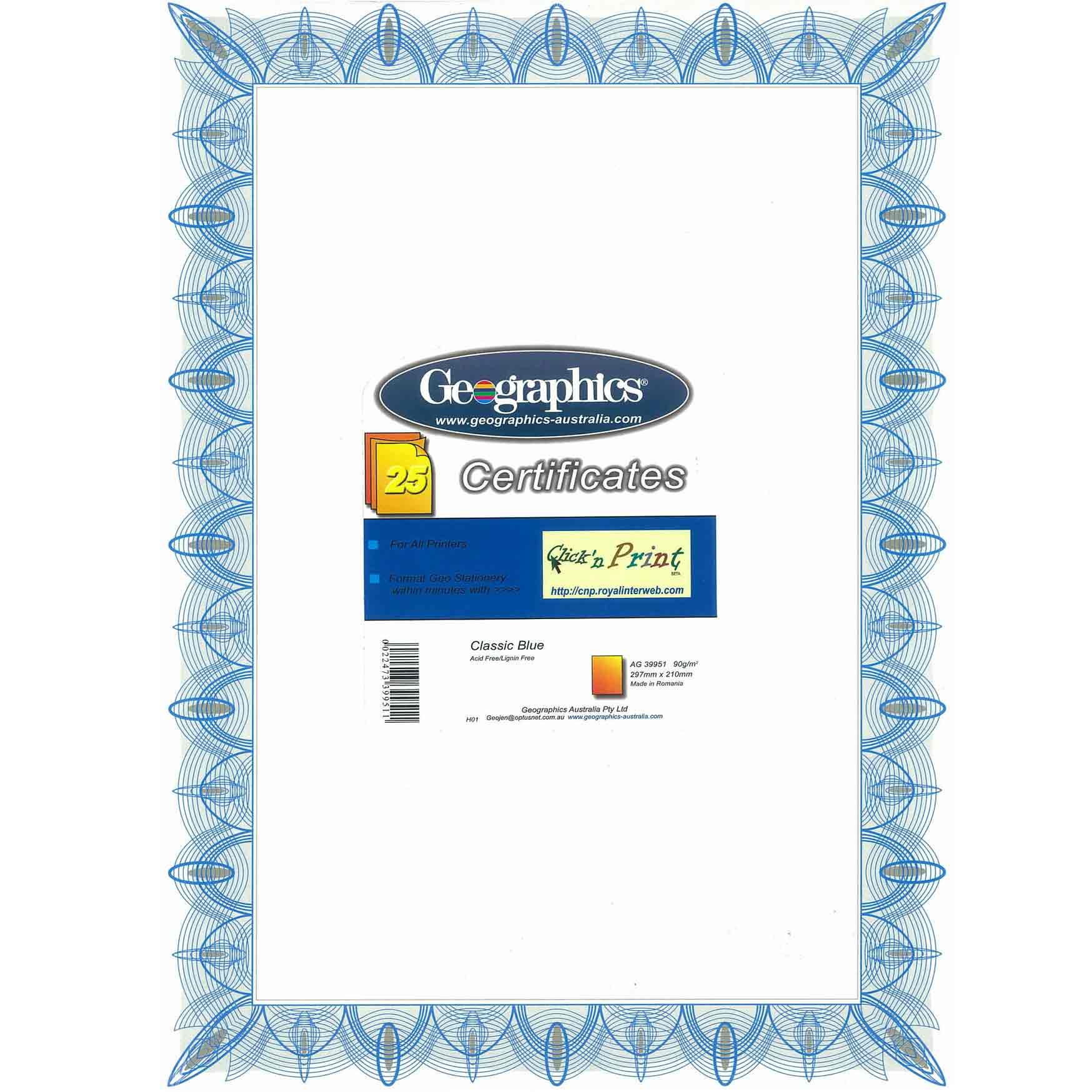 GEOPAPER CERTIFICATES BLUE PKT 25